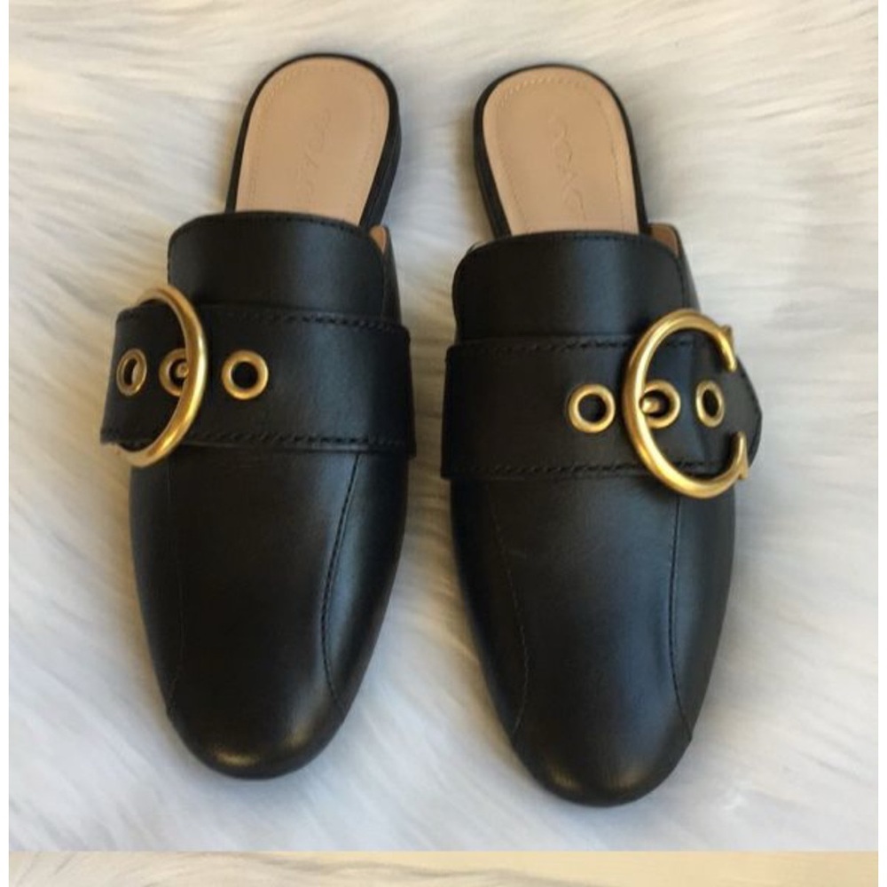 Coach Black Leather Mule Slides with Gold Ring Hardware